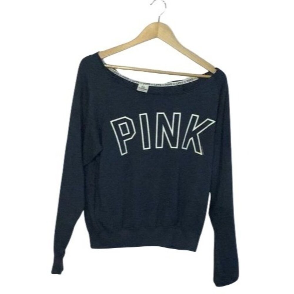 Victorias Secret Pink Womens Off-Shoulder Sweatshirt XS Navy Blue Cotton Blend